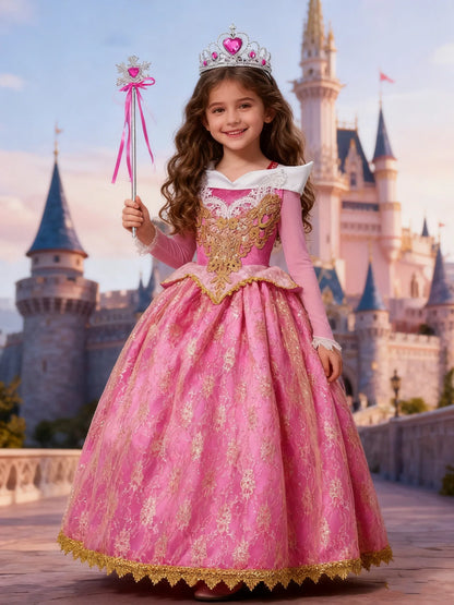 Girl Aurora Princess Dress Children Luxurious Cosplay Costume Rose Pink Briar Rose Outfit Kids Carnival Birthday Party Clothing