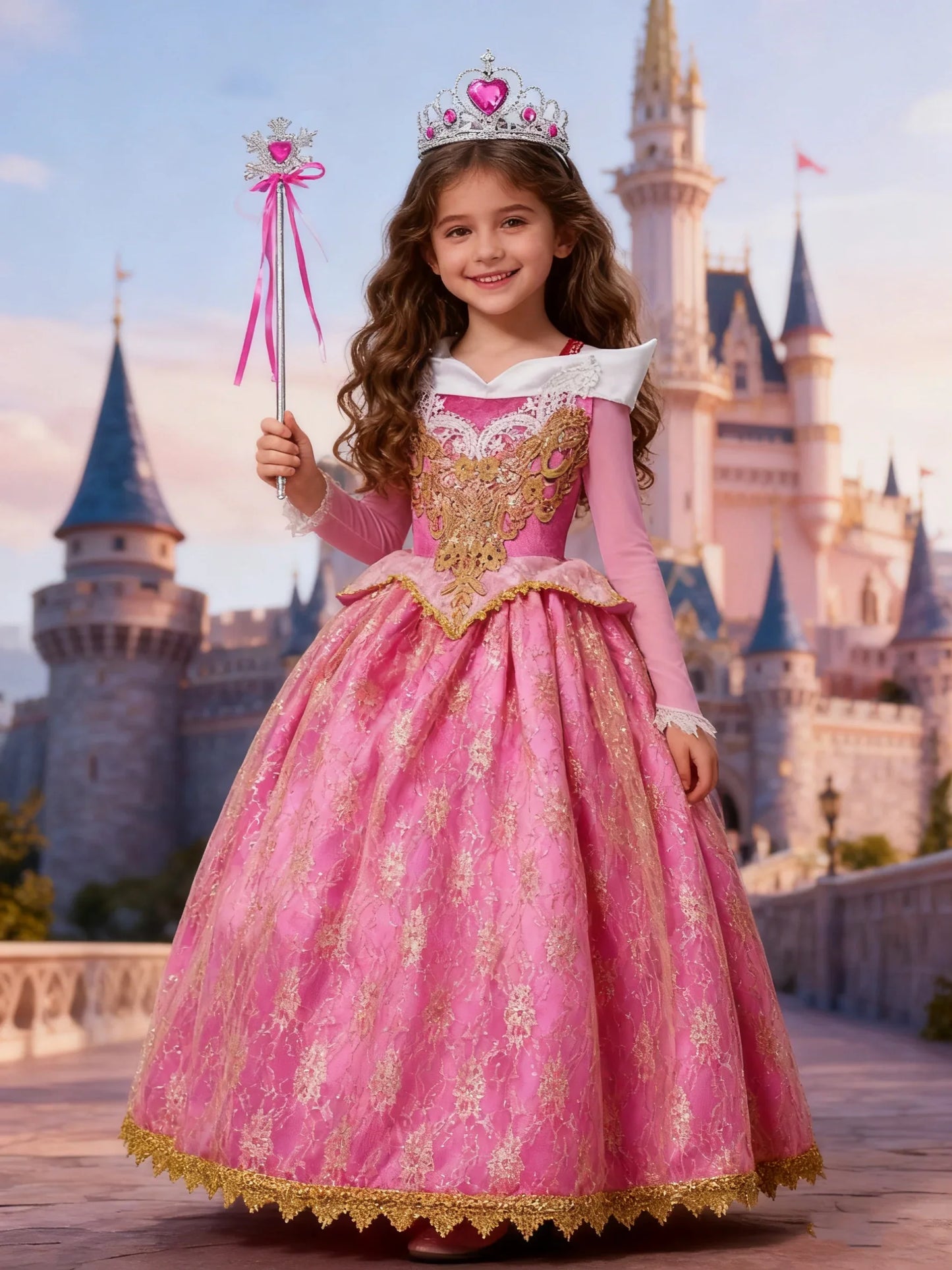 Girl Aurora Princess Dress Children Luxurious Cosplay Costume Rose Pink Briar Rose Outfit Kids Carnival Birthday Party Clothing