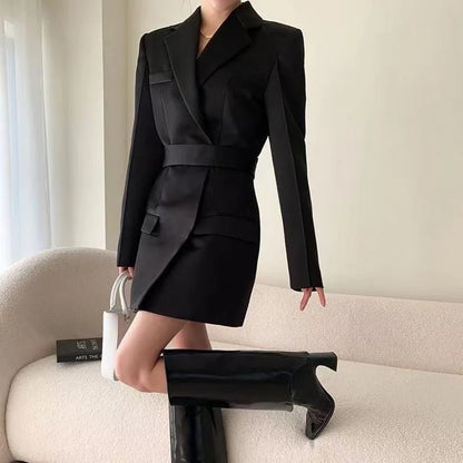 Autumn New High End Waist Slim Blazer Jacket Women Casual British Mid Length Black Suit Coat Woman Elegant Chic Office Blazers