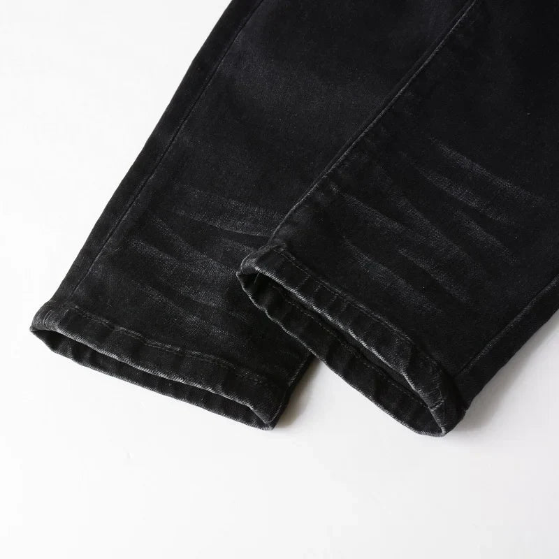 Men's Cracked Red Pleated Patch Biker Jeans Streetwear Patchwork Stretch Denim Pants Skinny Tapered Black Trousers