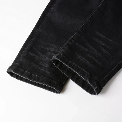 Men's Cracked Red Pleated Patch Biker Jeans Streetwear Patchwork Stretch Denim Pants Skinny Tapered Black Trousers
