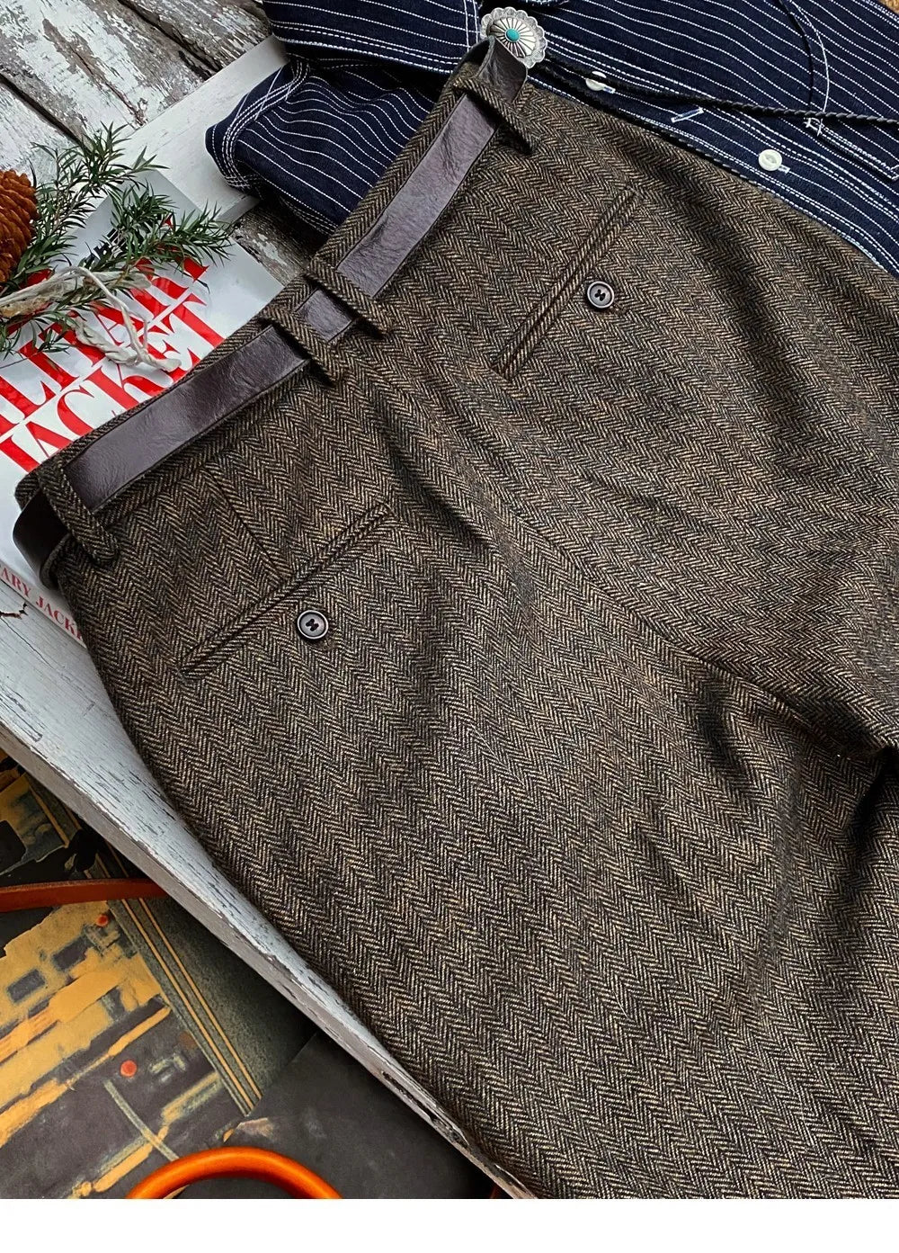 British-Style Vintage Wool Herringbone Pattern Men's Trousers, Large Size, Loose Straight-Leg Naples Men's Pants