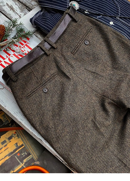 British-Style Vintage Wool Herringbone Pattern Men's Trousers, Large Size, Loose Straight-Leg Naples Men's Pants