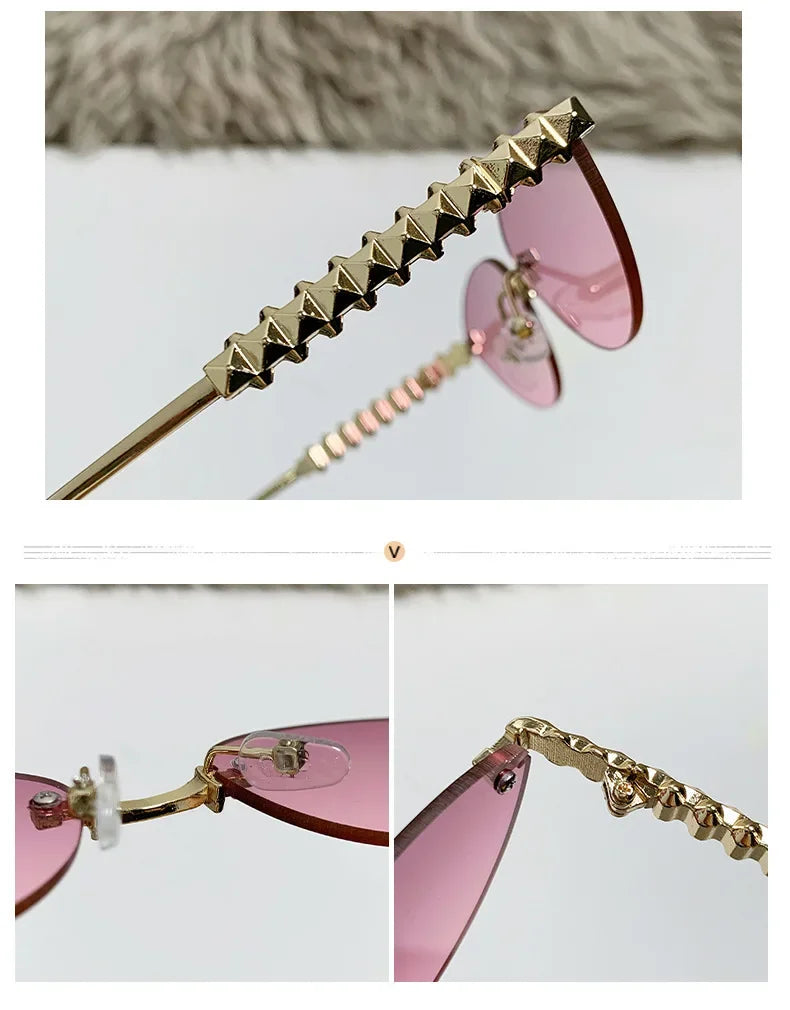 2026 Cat Eye Rivet Rimless Sunglasses Women Luxury Fashion Brand Oval Narrow Sun Glasses Shades Trendy Elegant Unique Eyewear