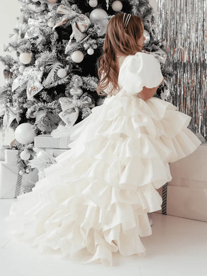 Customized Flower Girl Dresses Beige Tiered With Bow And Tailing Short Sleeve For Wedding Birthday Party Holy Communion Gowns