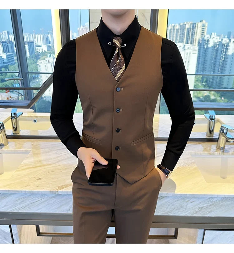 ( Vest + Pants) Men Luxury High Quality Business Suit Vest 2 pieces Formal Groom Wedding Dress Vest Set Fashion Club Clothing