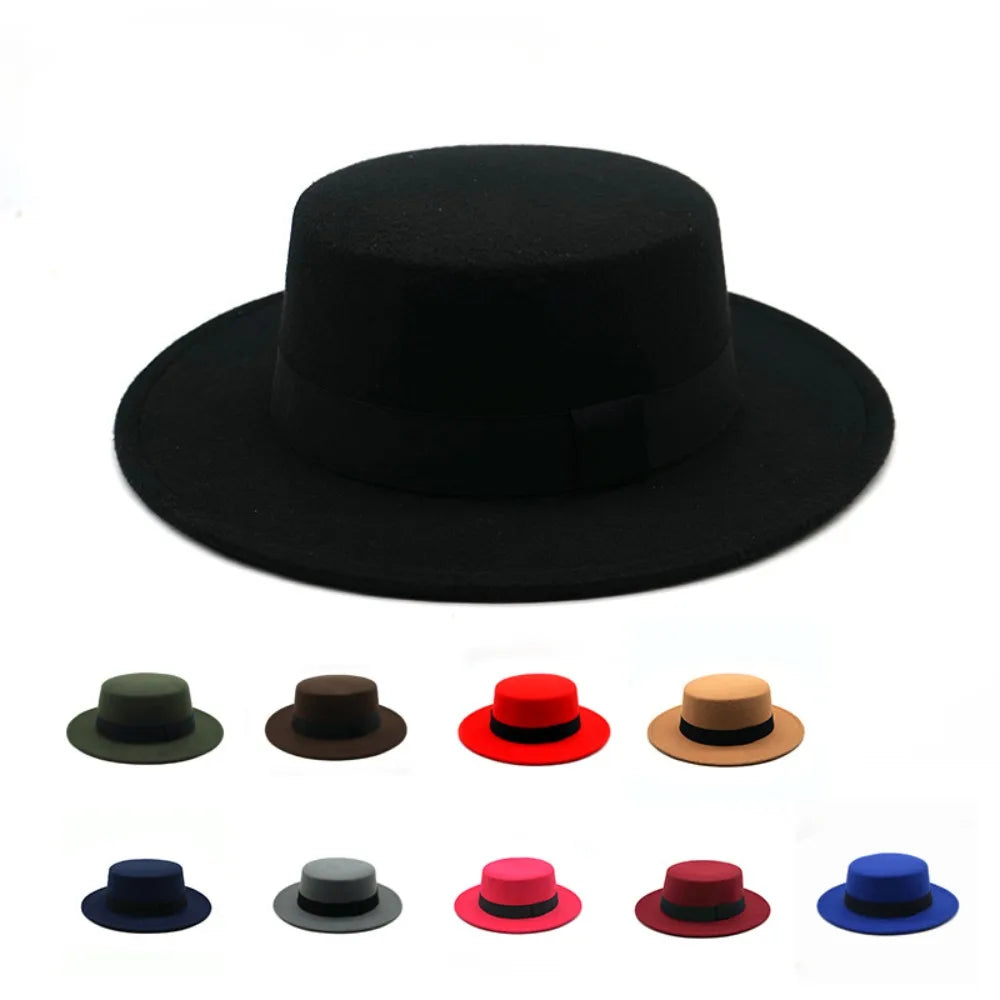 Black Ribbon Flat Top Hat British Retro Style Unisex Wool Fedora Winter Warm Hat
