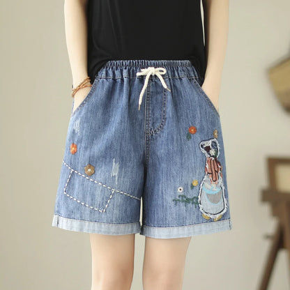 Embroider Shorts Jean For Women Summer Japanese Style Ethnic Elastic Waist Blue Flowers Embroidery Denim Shorts y2k