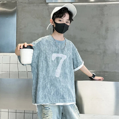 Cool Cowboy Outfit Costume Suit for Kids Child Summer Clothes Set Denim T-shirt and Ripped Shorts Clothes Set for Teens Boy 5-14