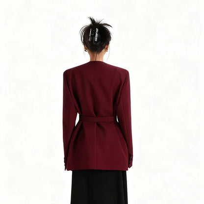 Fashion Collarless Blazers Jacket Ladies Korean Streetwear Design Belt Temperament Blazer Woman Chic Long Sleeve Loose Suit Coat