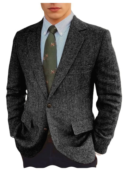 Men's Grey Herringbone Tweed Blazer Classic-Fit Notched Lapel Casual Jacket Slim Fit Business Wedding Suit Coat Plus Size