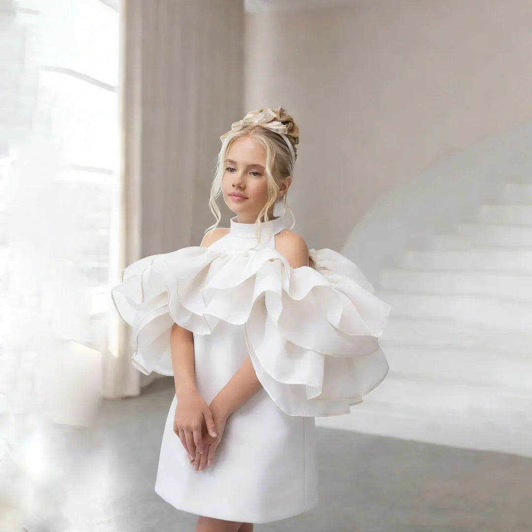 Beige Flower Girl Dresses for Wedding Toddler Girl's Birthday Gowns Customized High Neck Baby Pageant Outfit Dress
