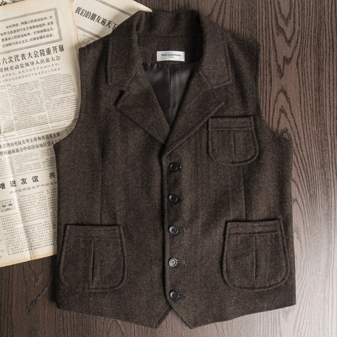 Men Vest Brown Herringbone Single Button With Lapel And Pocket Waistcoat For Wedding Banquet Business Casual Work Men Suit Vest