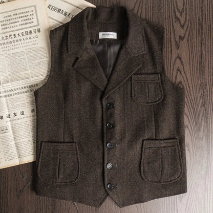 Men Vest Brown Herringbone Single Button With Lapel And Pocket Waistcoat For Wedding Banquet Business Casual Work Men Suit Vest