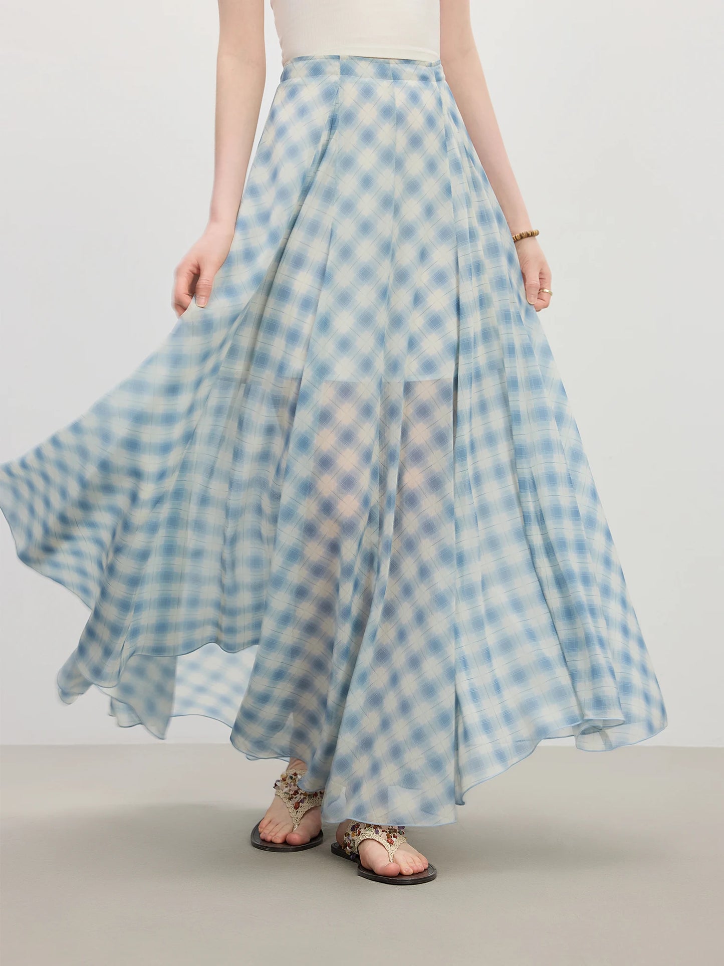 Women's Summer 2025 New Arrival Irregular A-line Hem Plaid Skirt Flowing Relaxed Fit Skirts 25FS12713