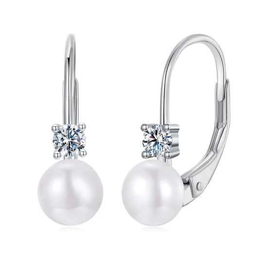 Freshwater Pearl Earrings for Women Wedding, Round Cut Lab Diamond 925 Sterling Silver Drop Dangle Ear Buckles