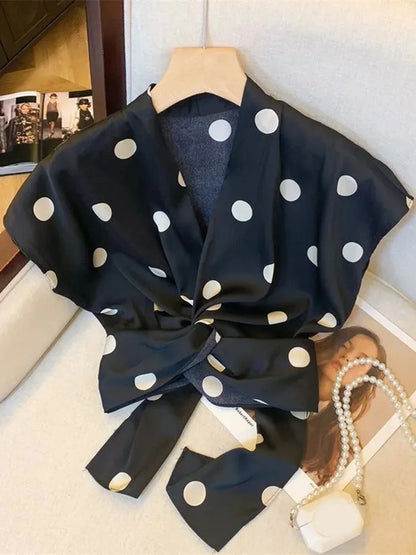 Sexy Cropped Dot Shirt Women Vintage Slim V Neck Short Sleeve Design Blouse French Retro Casual Bow Lace Up Summer Elegant Tops