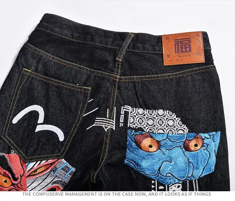 Japanese Handmade Embroidered Jeans Men's Pure Cotton Straight Tube Hip-Hop Popular Slim Red Ears Show Thin Trousers Devil Big M