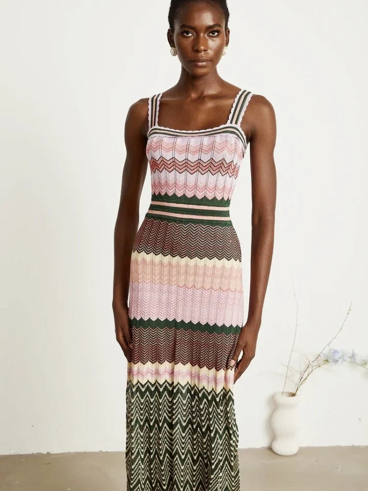 Luxury Brand Design Knitted Zigzag High Elasticity Color Sleeveless Long Maxi Dress Women Arab Africa Popular Boho Lady Skirt