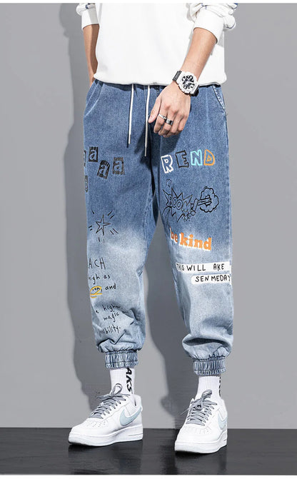 Printing Jeans Men's Gradient Hip Hop Trousers Harem Cartoon Loose Casual Ankle Banded Pants Cargo Denim Jeans Fashion