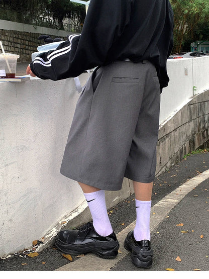 Spring Summer Loose Casual Soft Grey Pleated Shorts for Men with High Waist Short Straight Pants Korean Clothes 2024