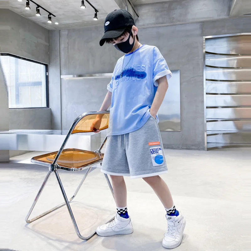 Summer Boys Cotton Alphabet Embossing t-Shirt Tops+Drawstring Short Pants Set School Kids Tracksuit Child Outfit Suit 5-16 Years