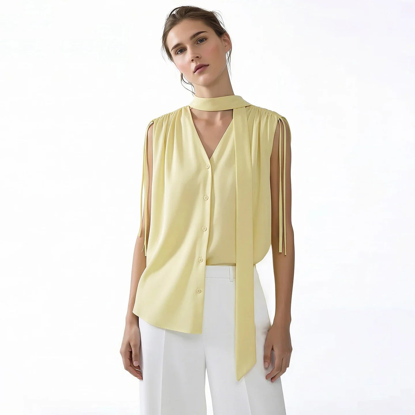 Sleeveless Women's Blouse 2026 Summer New Tie Neck Chiffon Top Flowy Loose Elegant Chic Office Shirt For Women 12642121