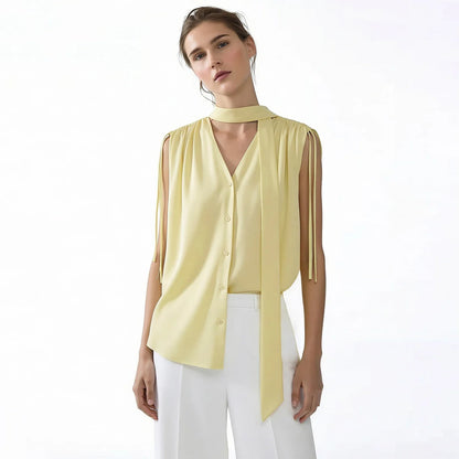 Sleeveless Women's Blouse 2026 Summer New Tie Neck Chiffon Top Flowy Loose Elegant Chic Office Shirt For Women 12642121