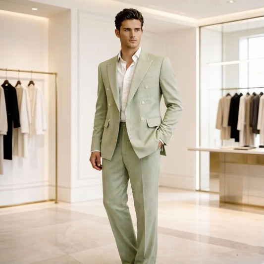 Mens Sage Green Double Breasted 2 Pieces Summer Wedding Suit Tailored Slim Fit Groom Formal Flap Pockets Beach Prom Office Wear