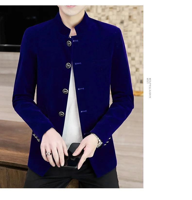 Men's Light Luxury Golden Velvet Coat Youth Fashion Trend Solid Color Stand Collar MAO Suit Handsome Boutique Item