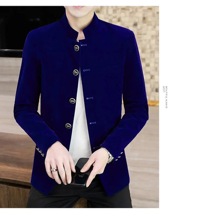 Men's Light Luxury Golden Velvet Coat Youth Fashion Trend Solid Color Stand Collar MAO Suit Handsome Boutique Item