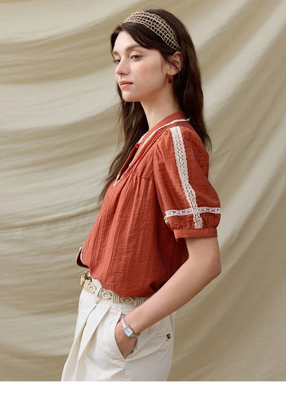 French New Blouses Women Summer New 2025 Short Sleeve V-neck Color Matching Shirts Female Fashion Lazy Style MXE31X1766