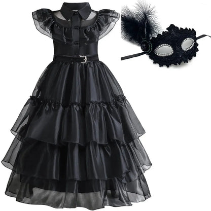 2026 Halloween Festival Popular Black Dress Girls Cosplay Short Sleeve Ruffles Clothing With Belt + Accessories Set Gift