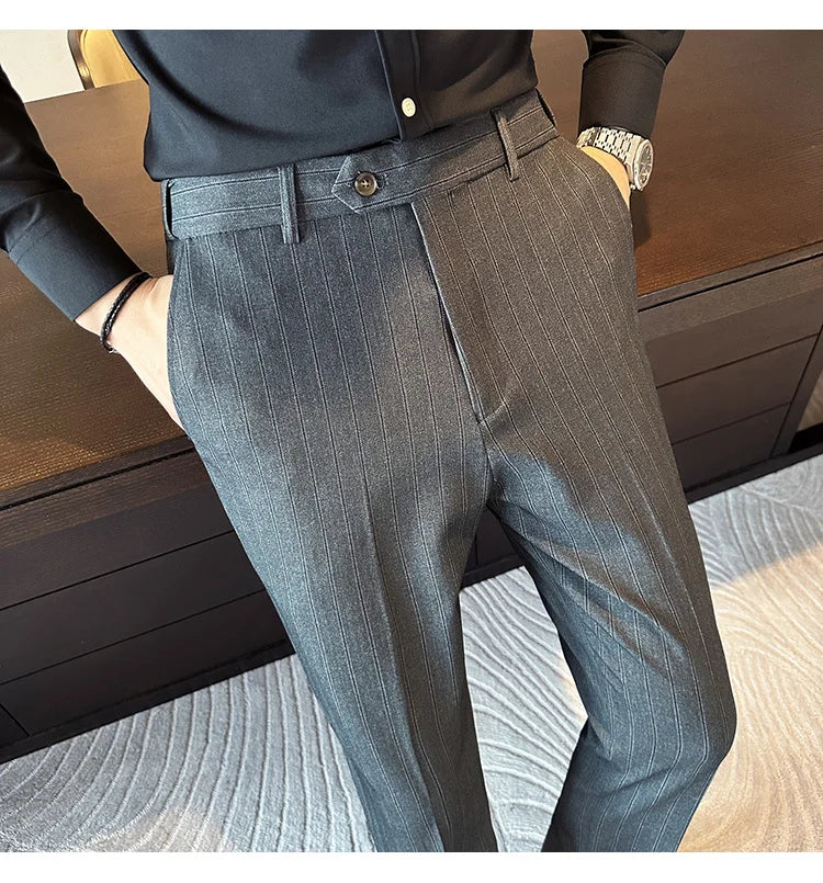 High Quality Striped Suit Pants 2025 Autumn New Fashion Slim Fit Business Elastic waisted Pants Male Wedding Party Trousers