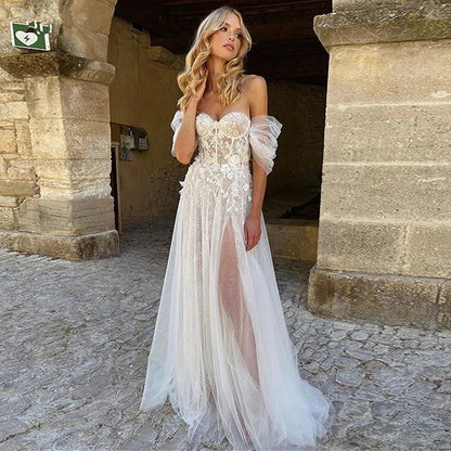 2022 New Charming Lace Wedding Dresses Sweetheart Off Shoulder  Gowns Short Sleeves Bridal  Open Back