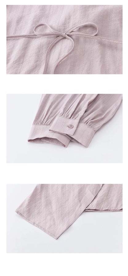 Women's Purple Sweet Shirts 2026 Spring Ribbon V-Neck Ruffled Asymmetrical Shirt Back Lace-up Waist Casual Top MXF13X2527