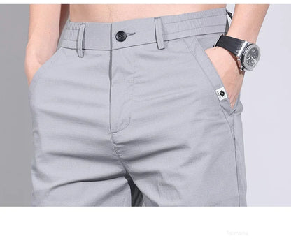 Ultra-thin Elastic Men's Casual Pants 2024 Summer Ice Silk Cotton Fashion Slim Straight Business Trousers Black Gray Khaki