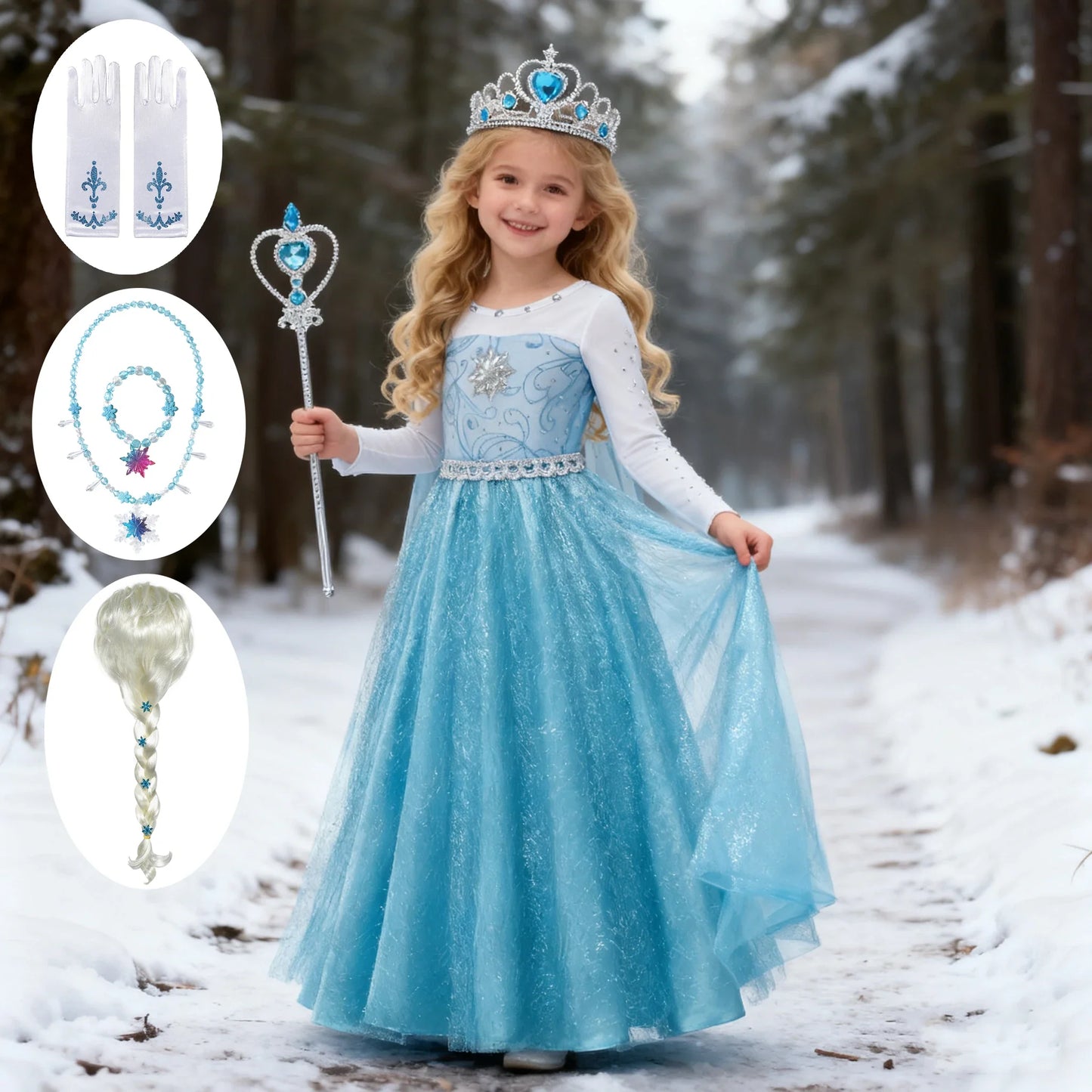 Snow Queen Elsa Long Sleeve Costume Girls Princess Dress Toddler Halloween Cosplay Clothes Birthday Party Vesidos For 2-10 Years