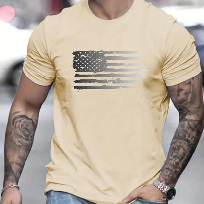 Men's summer 100 cotton fashionable casual loose plus size American flag printed sports round neck short sleeved T-shirt top