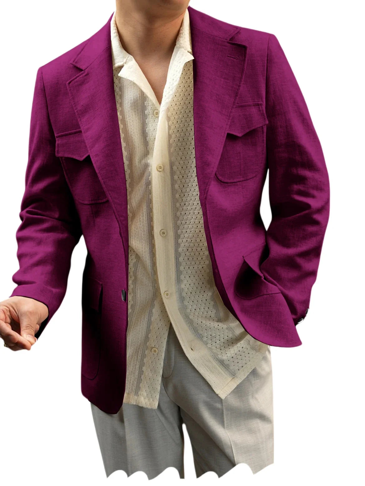 Classic Men's Linen Blazer Notched Lapel Slim Fit Breathable Elastic Suit Jacket with Flap Pockets for Wedding Prom Daily Wear