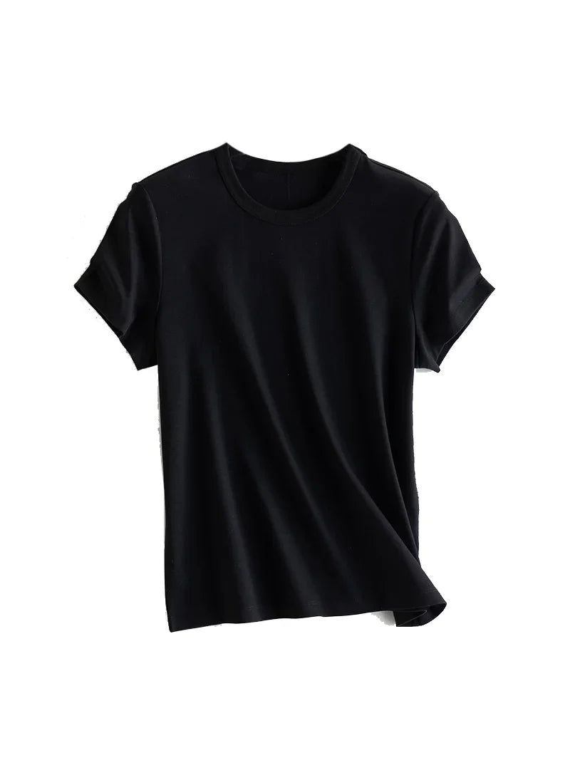 Women Solid T Shirt, Silk Cotton Blend, Square Collar, Short Sleeves Chic Shirt 2025 Spring Summer Cozy Top