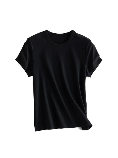 Women Solid T Shirt, Silk Cotton Blend, Square Collar, Short Sleeves Chic Shirt 2025 Spring Summer Cozy Top