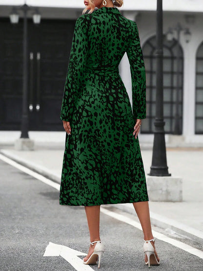 Elegant Random Print Button Down Shirt Dress Women's Long Sleeve Belted Waist Midi Dress Spring Fall Office Casual Dress