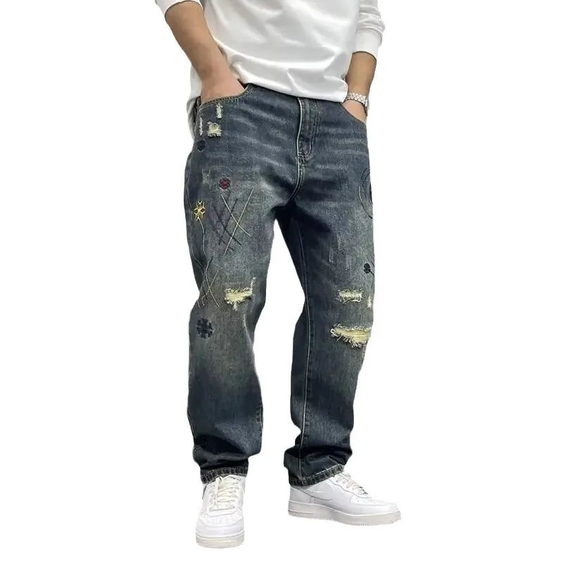 Four Seasons New Fashion Men's American High Street Hole Patched Loose Wide Leg Jeans Pants Vintage Washed Denim Trousers Male