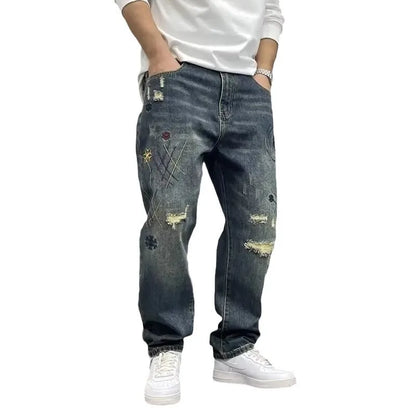 Four Seasons New Fashion Men's American High Street Hole Patched Loose Wide Leg Jeans Pants Vintage Washed Denim Trousers Male