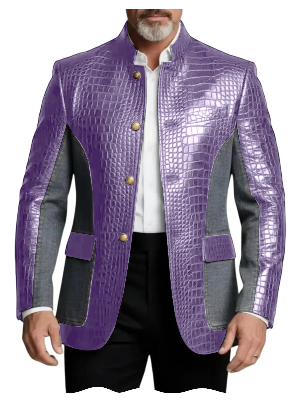 Men's Crocodile Embossed Leather Brown Jacket Patchwork Denim Stand Collar Slim Fit Luxury PU Blazer For Business Casual Party