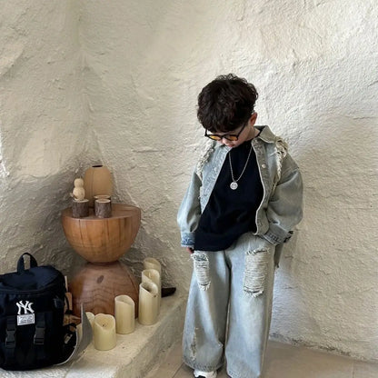 2-10Y Boys Spring Autumn Gray Retro Hole 2026 Denim Coat Pant Suit girl American Style New Loose Slimming High Waist Floor Pants