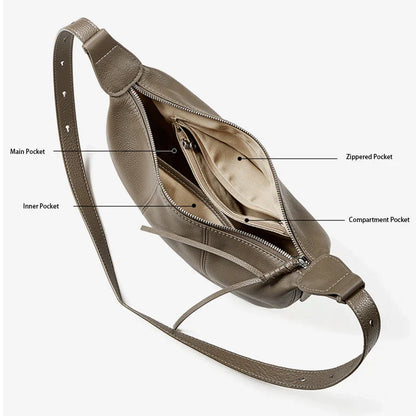 2025 New Top Grain Leather Croissant Dumpling Bag Unique Solid Color Shoulder Crossbody Bag Women Practical Commuting Handbag
