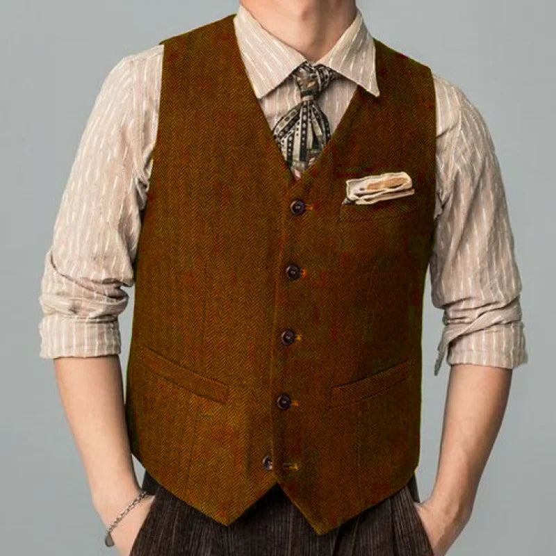Men Suit Coffee Herringbone Single Button Business Casual Waistcoat For Wedding Birthday Banquet Work Set Men Suit Vest