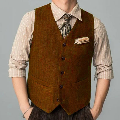 Men Suit Coffee Herringbone Single Button Business Casual Waistcoat For Wedding Birthday Banquet Work Set Men Suit Vest